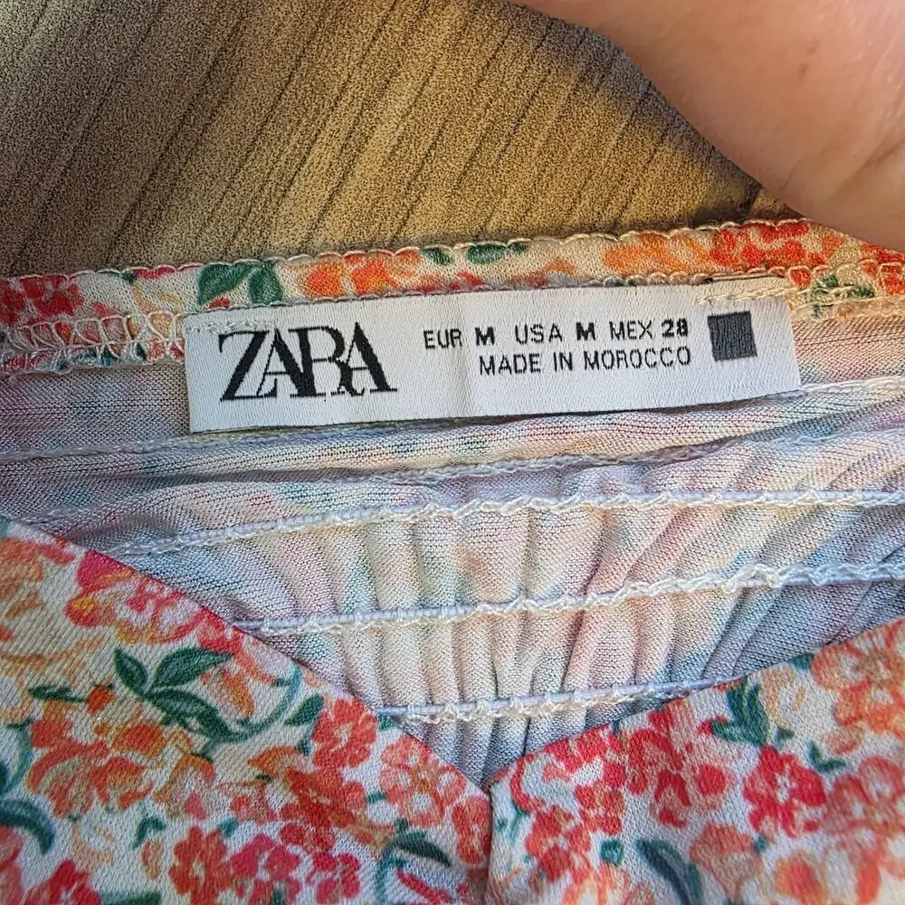 Zara Ruched Crop Top Womens M Puff Sleeve Smocked Cottagecore Boho